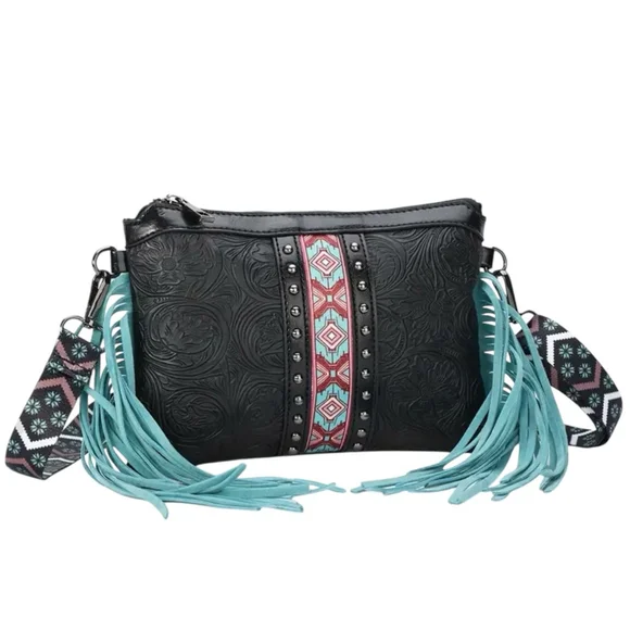 Black Crossbody with Fringe and Stud Detail Western - Picture 3 of 9